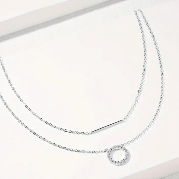 925 Sterling Silver Double Layer Necklace With Hollow Circle Pendant - Picture 3 of 4